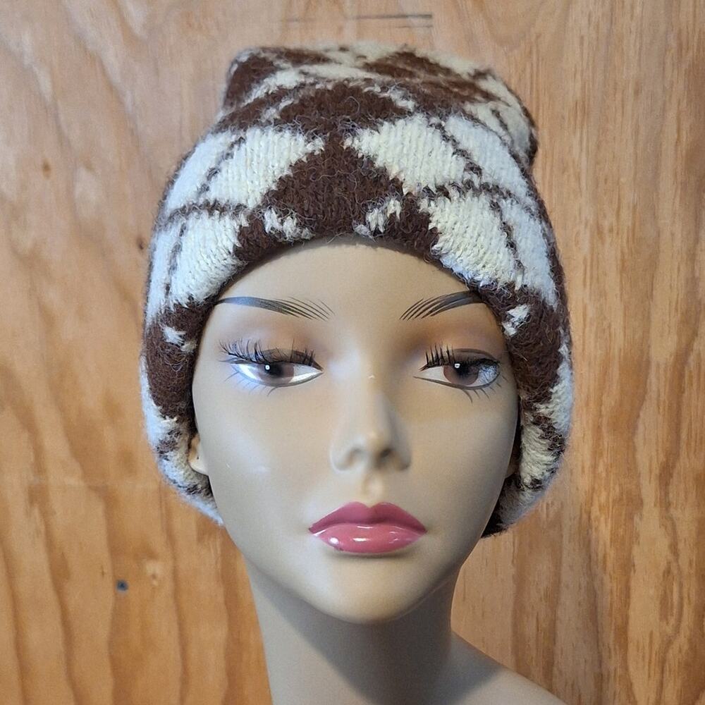 NWT Daily Practice by Anthropologie Beanie Women's OS Brown Cream Argyle Retro